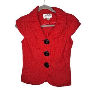 An Ren Red Cap Sleeved Eyelet Chunky Button Blouse Size XS